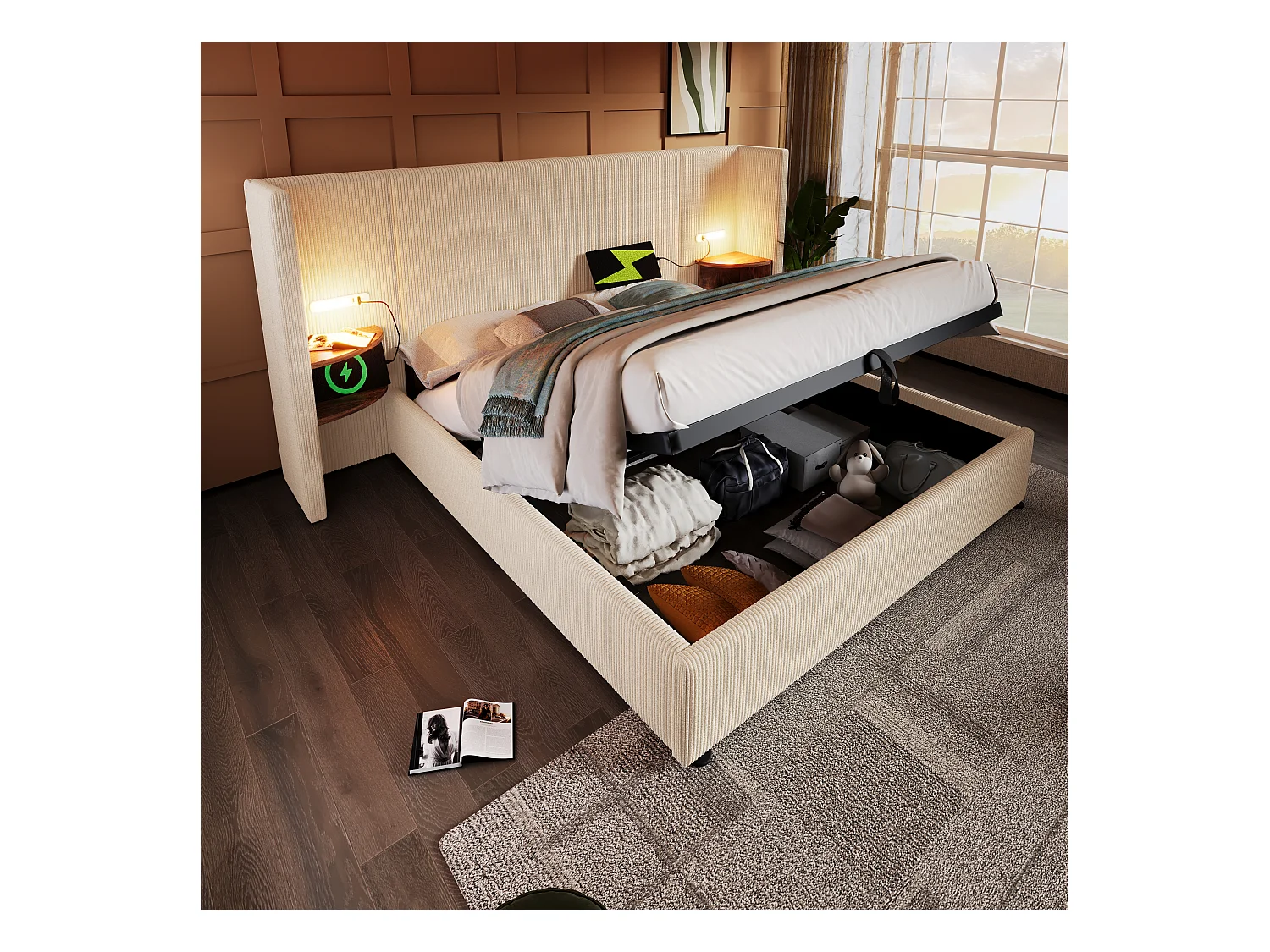 Lit double 160×200 cm en beige avec tête de lit multifonction et lampe de lecture intégrée