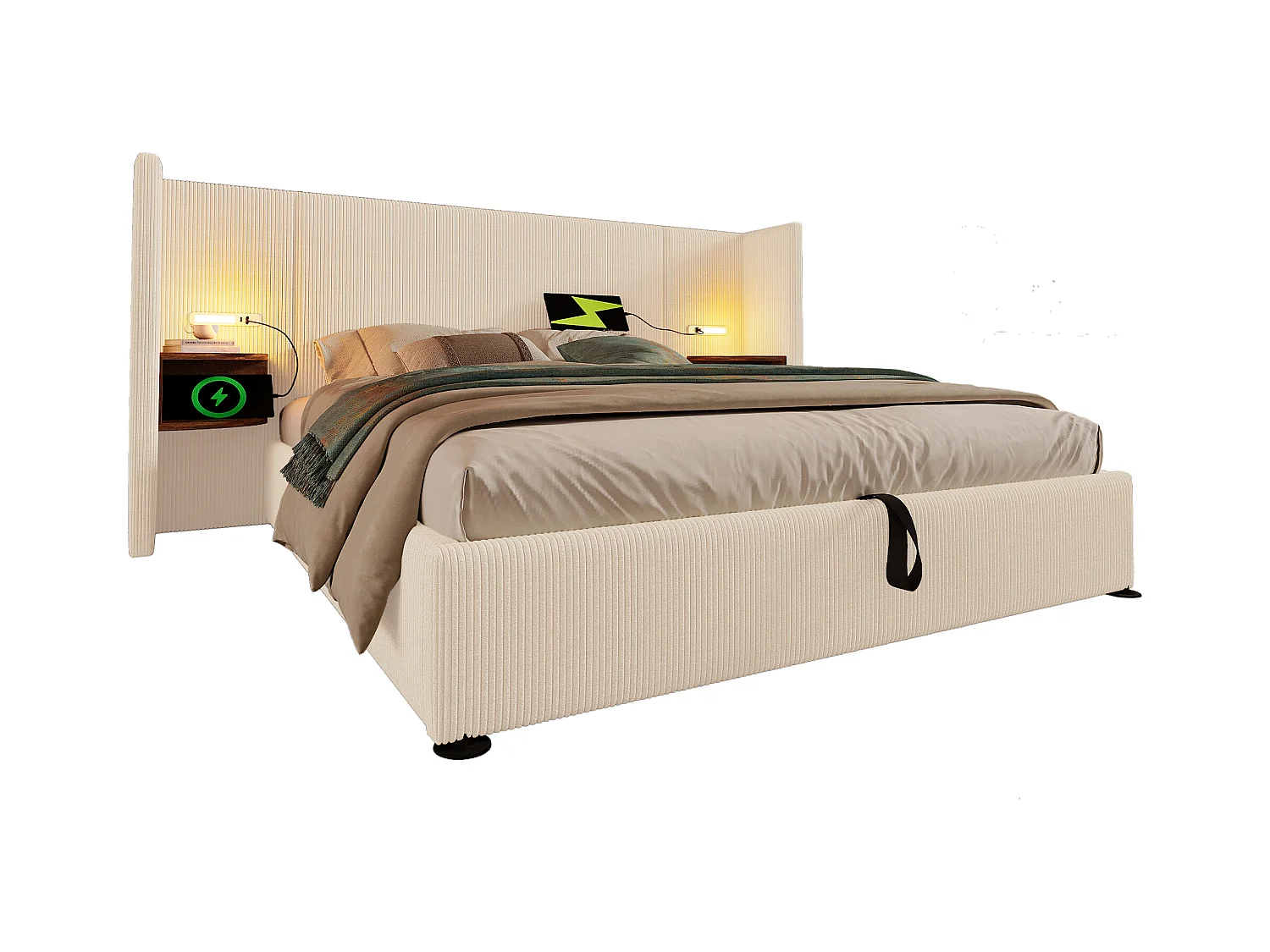 Lit double 160×200 cm en beige avec tête de lit multifonction et lampe de lecture intégrée