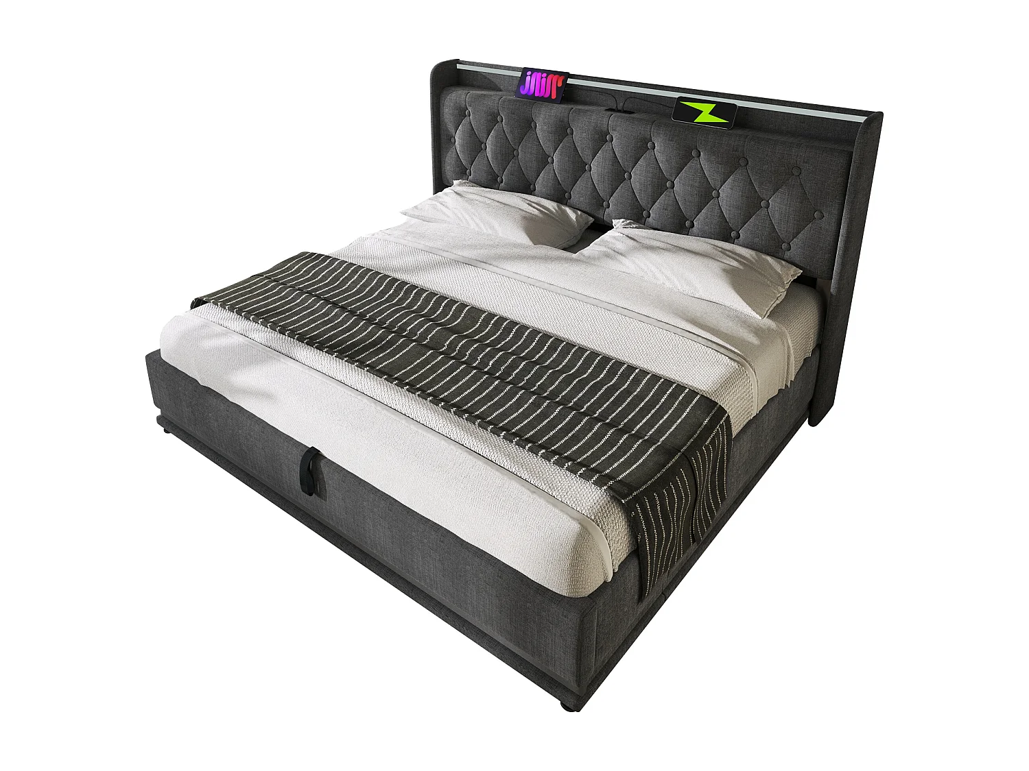 Lit double 140×200 cm en lin gris avec éclairage LED 360° et port USB intégré