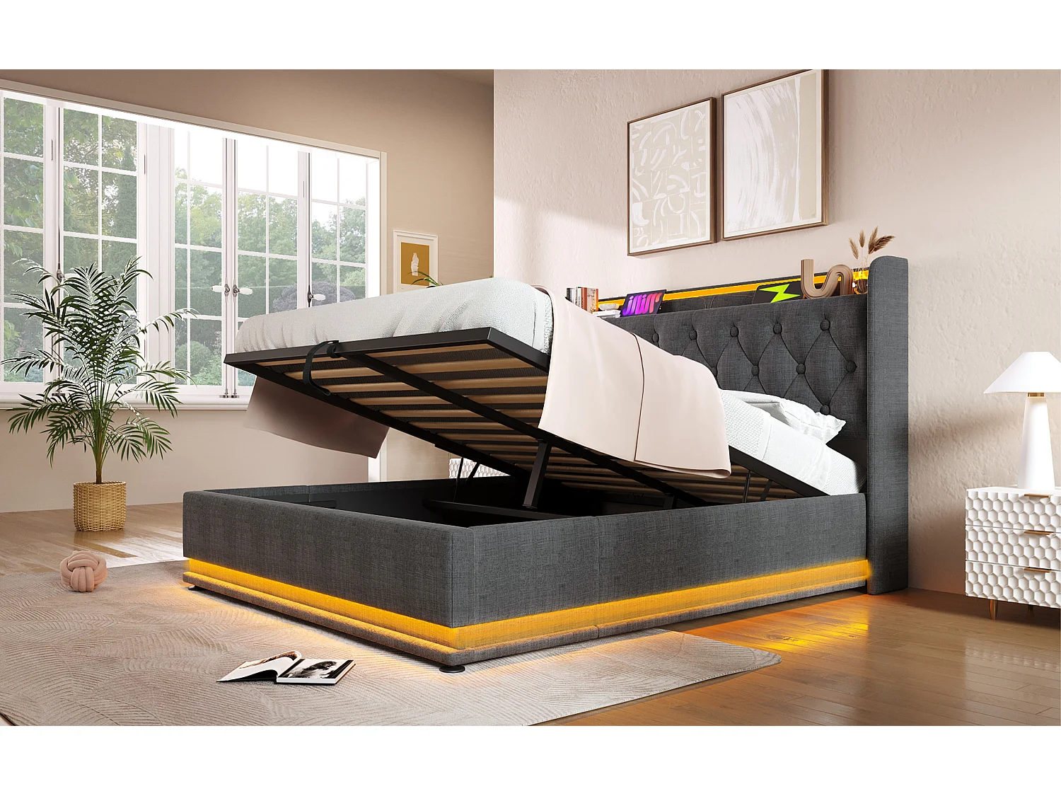 Lit double 140×200 cm en lin gris avec éclairage LED 360° et port USB intégré