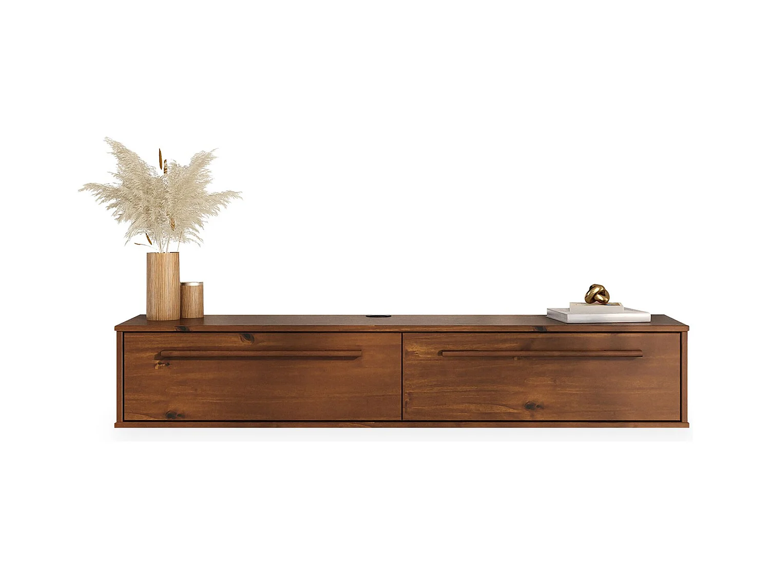 Meuble TV Suspendu TECCA L 145 cm en Bois Massif Coloris Châtaignier avec 2 Portes, Meuble Télé Mural Design Moderne