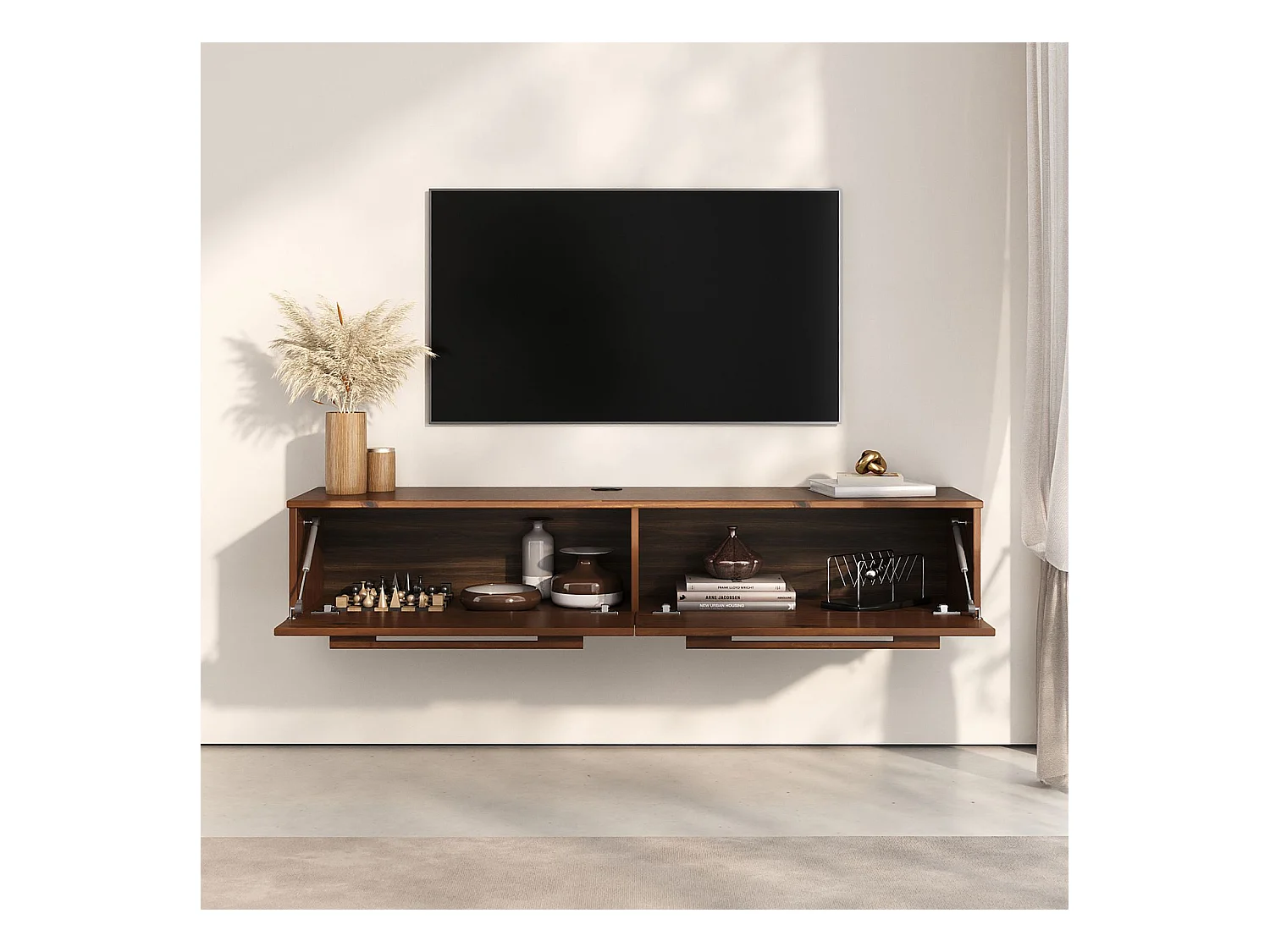 Meuble TV Suspendu TECCA L 145 cm en Bois Massif Coloris Châtaignier avec 2 Portes, Meuble Télé Mural Design Moderne