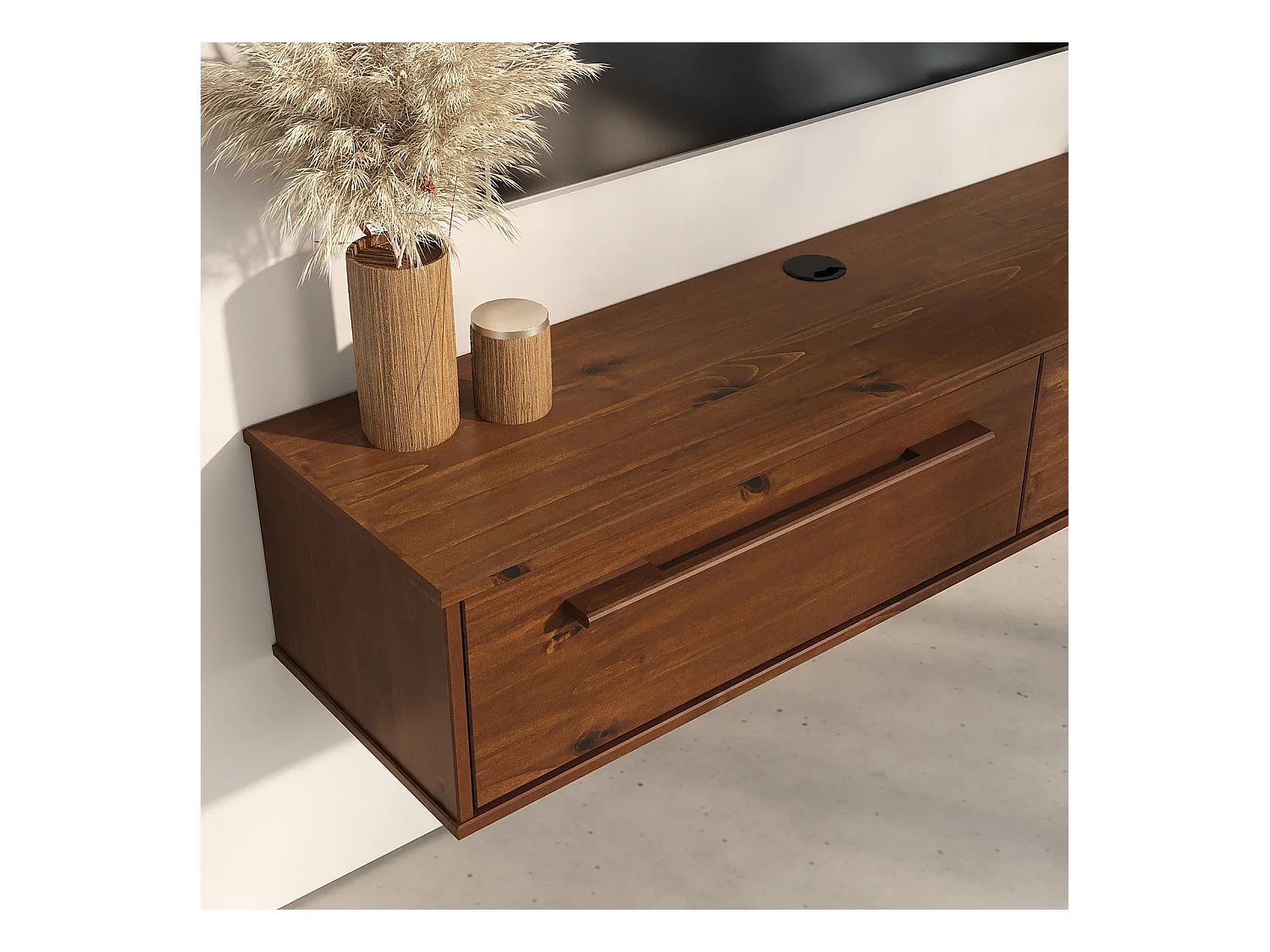 Meuble TV Suspendu TECCA L 145 cm en Bois Massif Coloris Châtaignier avec 2 Portes, Meuble Télé Mural Design Moderne