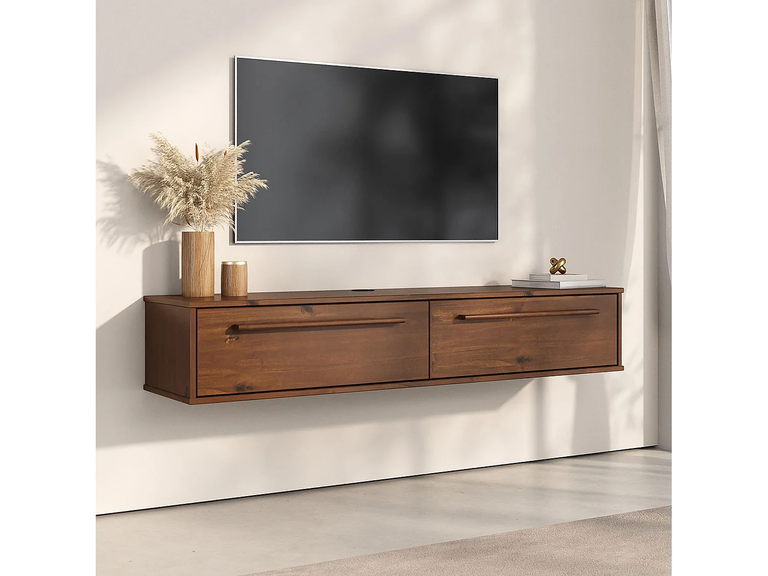 Meuble TV Suspendu TECCA L 145 cm en Bois Massif Coloris Châtaignier avec 2 Portes, Meuble Télé Mural Design Moderne