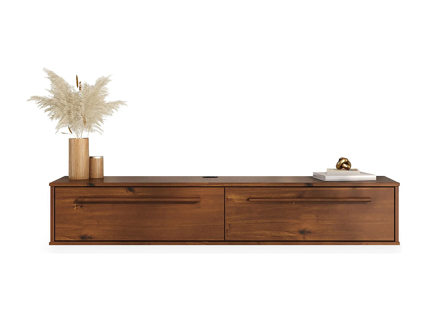 Meuble TV Suspendu TECCA L 145 cm en Bois Massif Coloris Châtaignier avec 2 Portes, Meuble Télé Mural Design Moderne