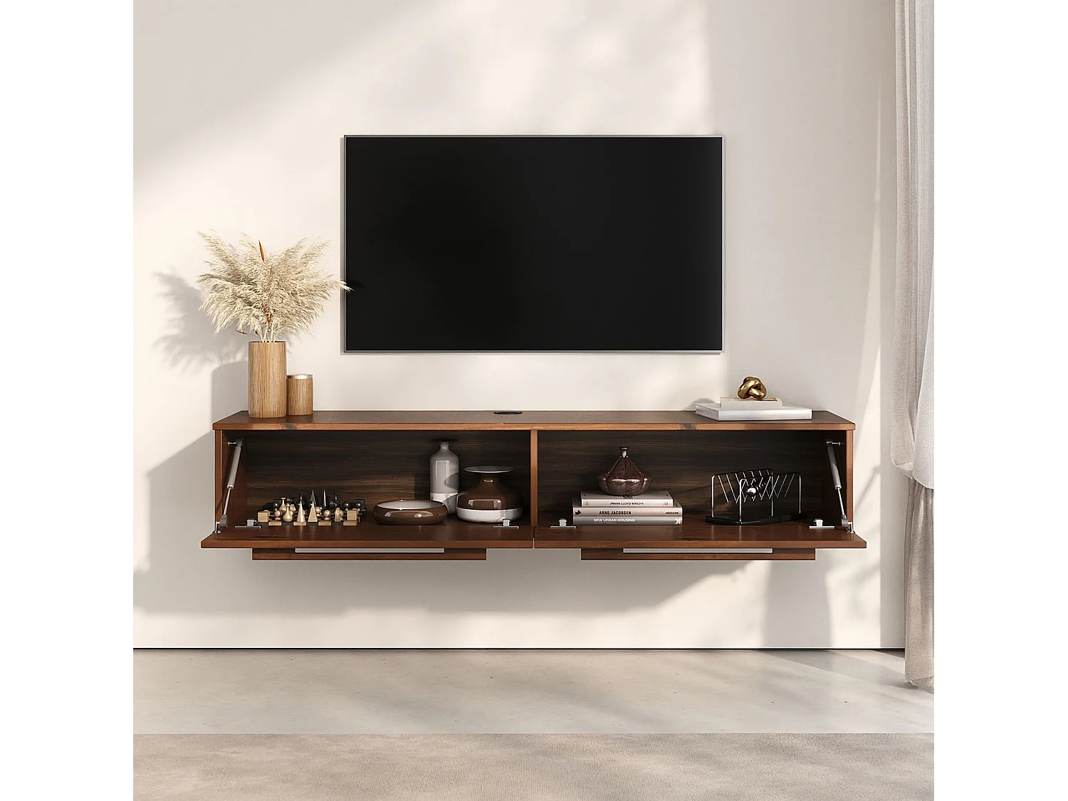 Meuble TV Suspendu TECCA L 145 cm en Bois Massif Coloris Châtaignier avec 2 Portes, Meuble Télé Mural Design Moderne