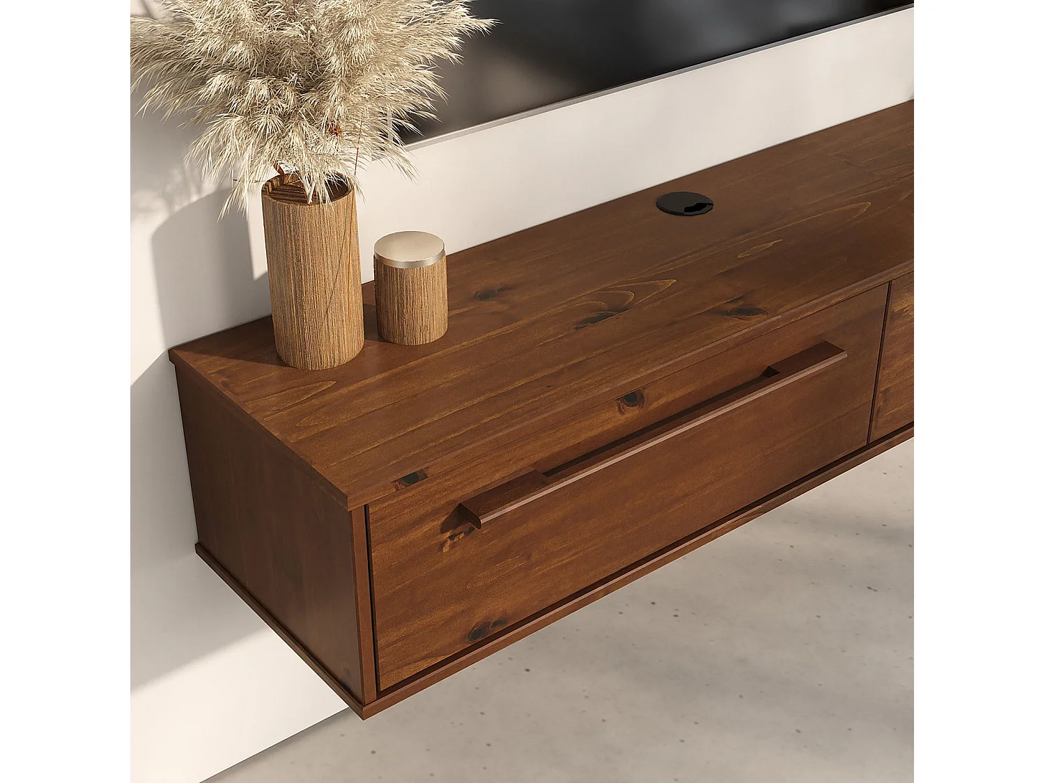 Meuble TV Suspendu TECCA L 145 cm en Bois Massif Coloris Châtaignier avec 2 Portes, Meuble Télé Mural Design Moderne