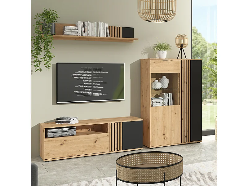 Meuble TV 1 porte 1 tiroir 135 cm Ezra Bois