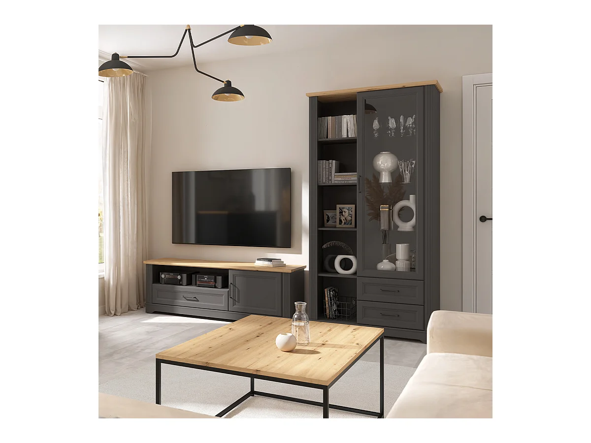 Meuble TV 1 porte 1 tiroir 150 cm Charlie Gris Anthracite