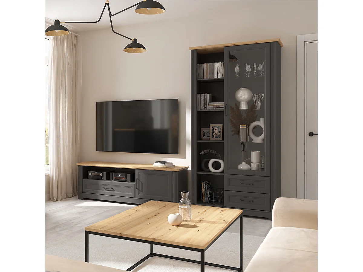 Meuble TV 1 porte 1 tiroir 150 cm Charlie Gris Anthracite