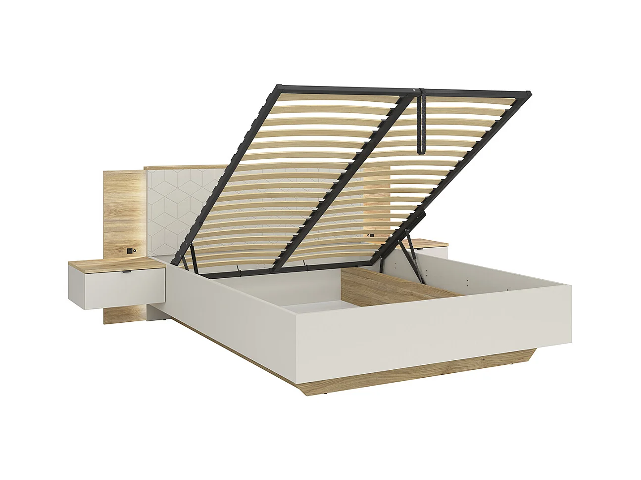 Lit coffre 160x200 sommier chevet LED et prise USB inclus Naya Cachemire