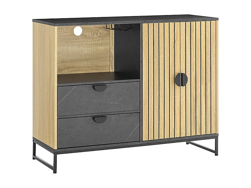 SoBuy Keukenkast Sideboard met magnetronvak en lameldeuren eiken-zwart