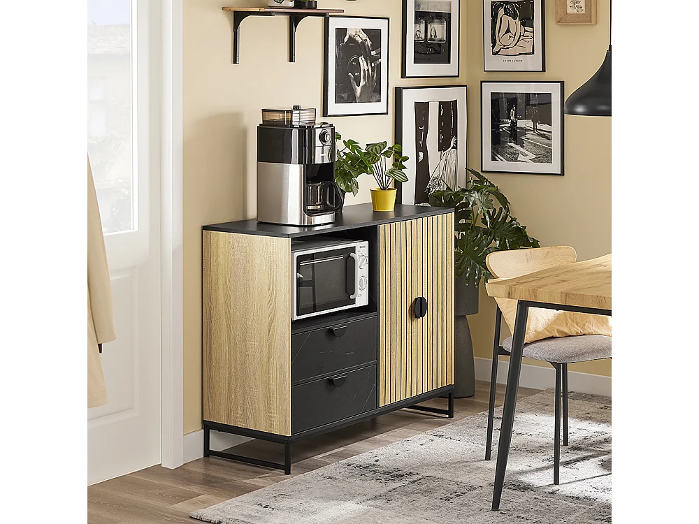 SoBuy Meuble d'Entrée avec Étagère pour Micro-Ondes et Porte-Vins en Chêne Noir