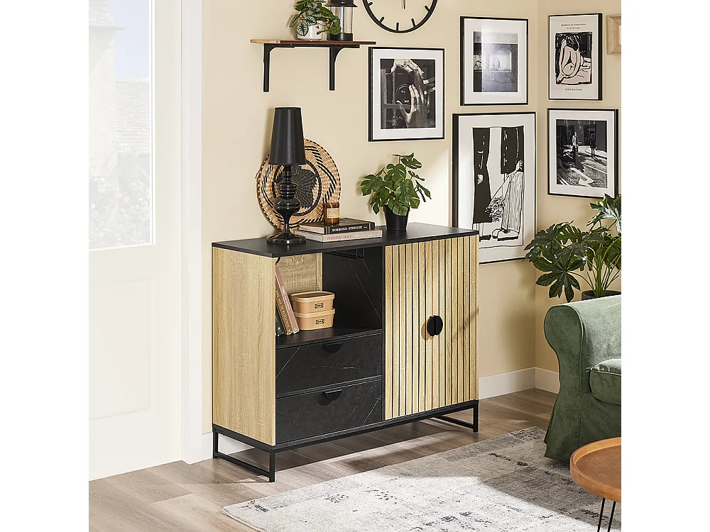 SoBuy Meuble d'Entrée avec Étagère pour Micro-Ondes et Porte-Vins en Chêne Noir