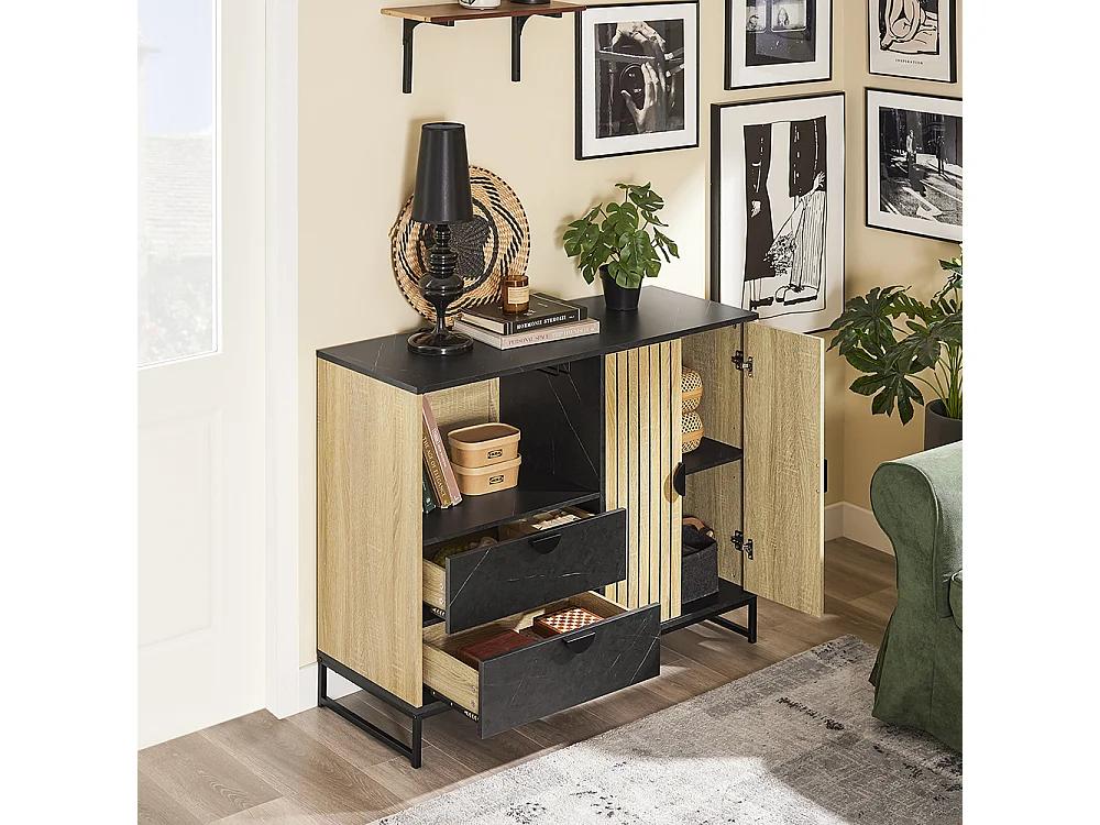 SoBuy Meuble d'Entrée avec Étagère pour Micro-Ondes et Porte-Vins en Chêne Noir