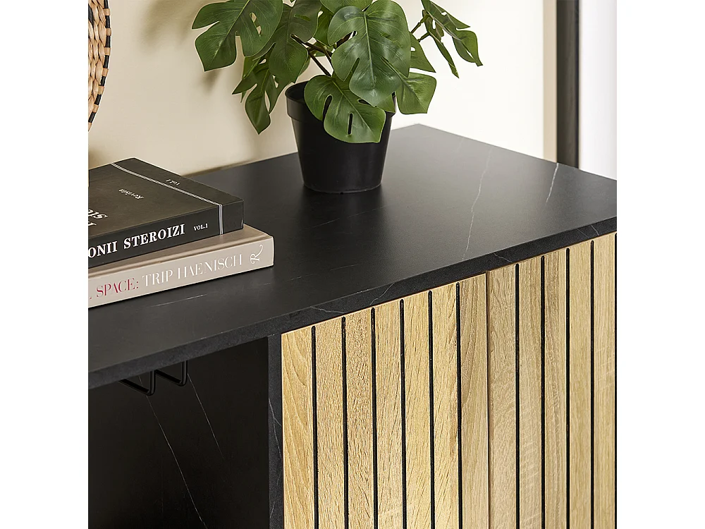 SoBuy Meuble d'Entrée avec Étagère pour Micro-Ondes et Porte-Vins en Chêne Noir