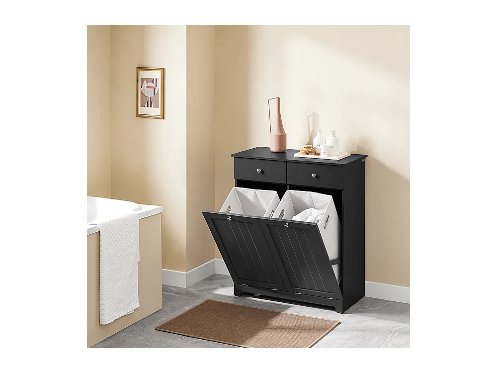 SoBuy Meuble salle de bain 2 tiroirs 2 sacs coulissants étagère à linge noire