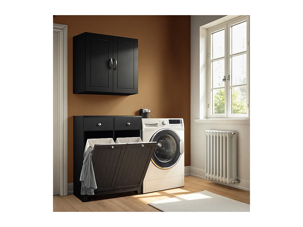 SoBuy Meuble salle de bain 2 tiroirs 2 sacs coulissants étagère à linge noire