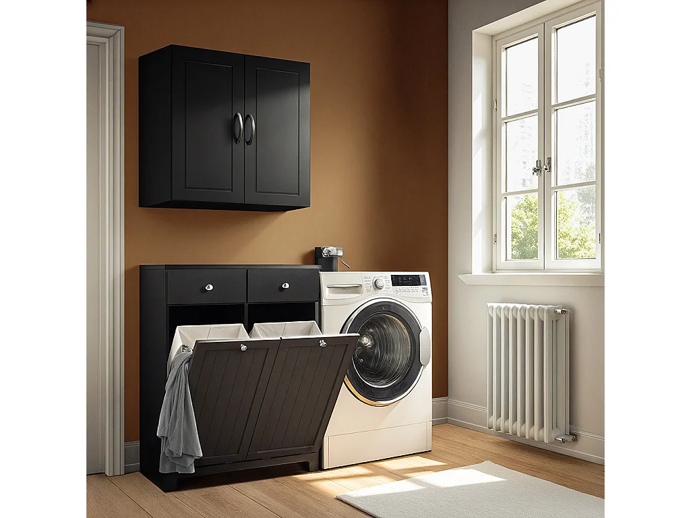 SoBuy Meuble salle de bain 2 tiroirs 2 sacs coulissants étagère à linge noire