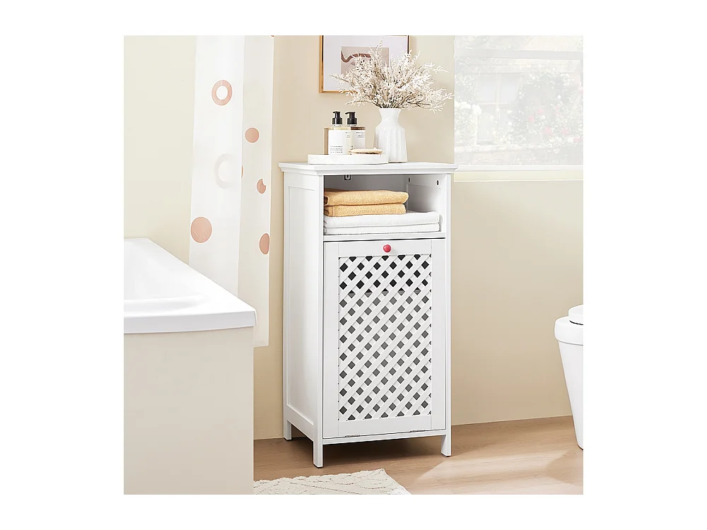 SoBuy Meuble de Salle de Bain avec Panier à Linge, Niche Ouverte et Portes Ajourées Rouges
