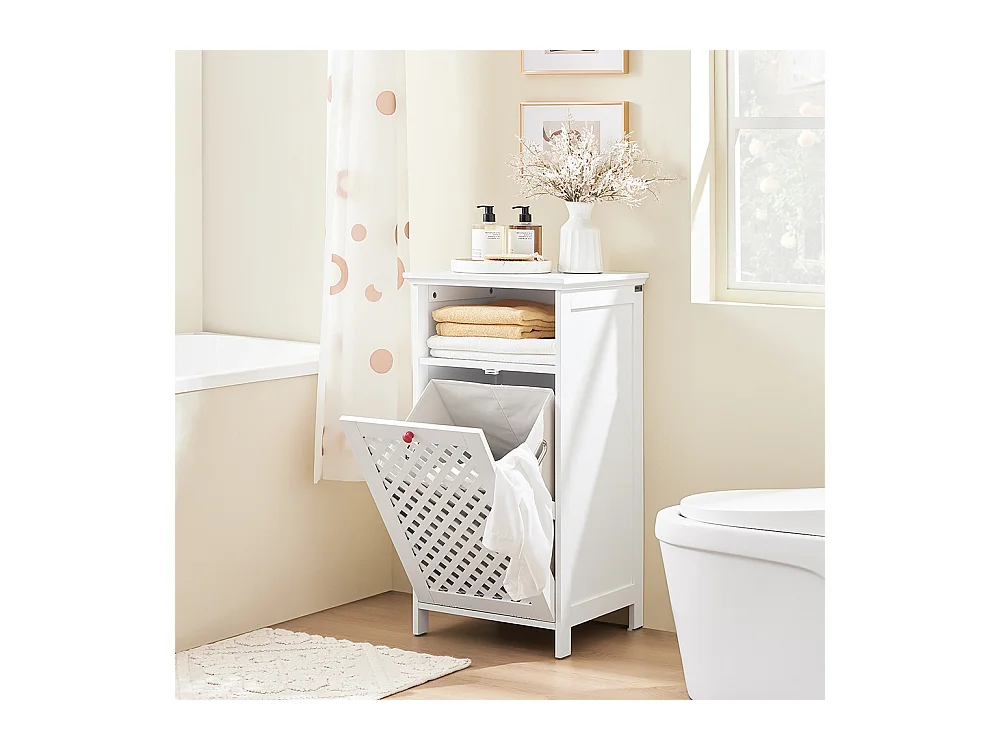 SoBuy Meuble de Salle de Bain avec Panier à Linge, Niche Ouverte et Portes Ajourées Rouges