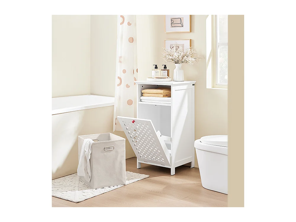 SoBuy Meuble de Salle de Bain avec Panier à Linge, Niche Ouverte et Portes Ajourées Rouges