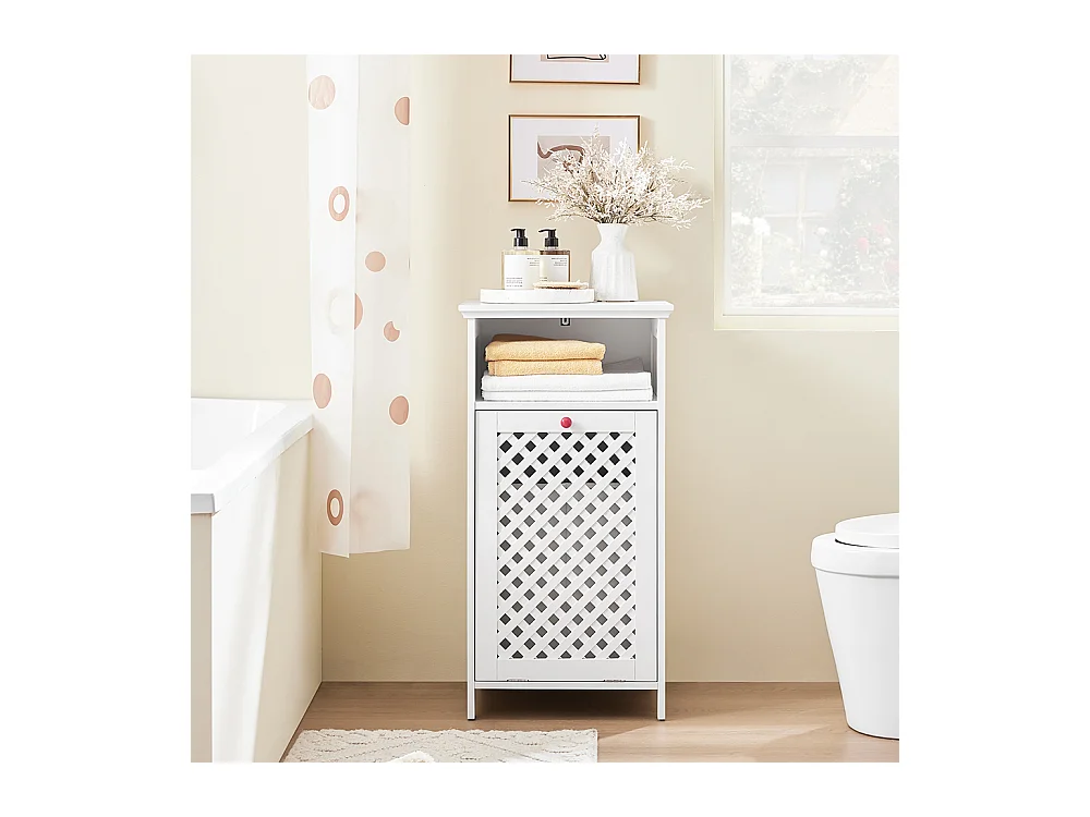 SoBuy Meuble de Salle de Bain avec Panier à Linge, Niche Ouverte et Portes Ajourées Rouges