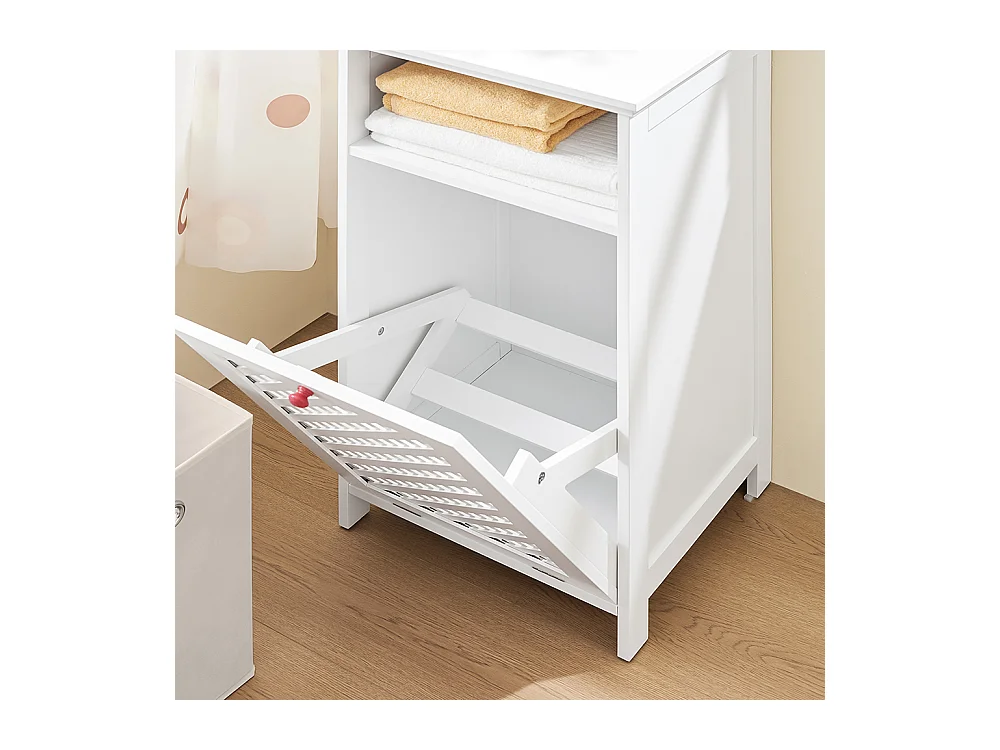 SoBuy Meuble de Salle de Bain avec Panier à Linge, Niche Ouverte et Portes Ajourées Rouges