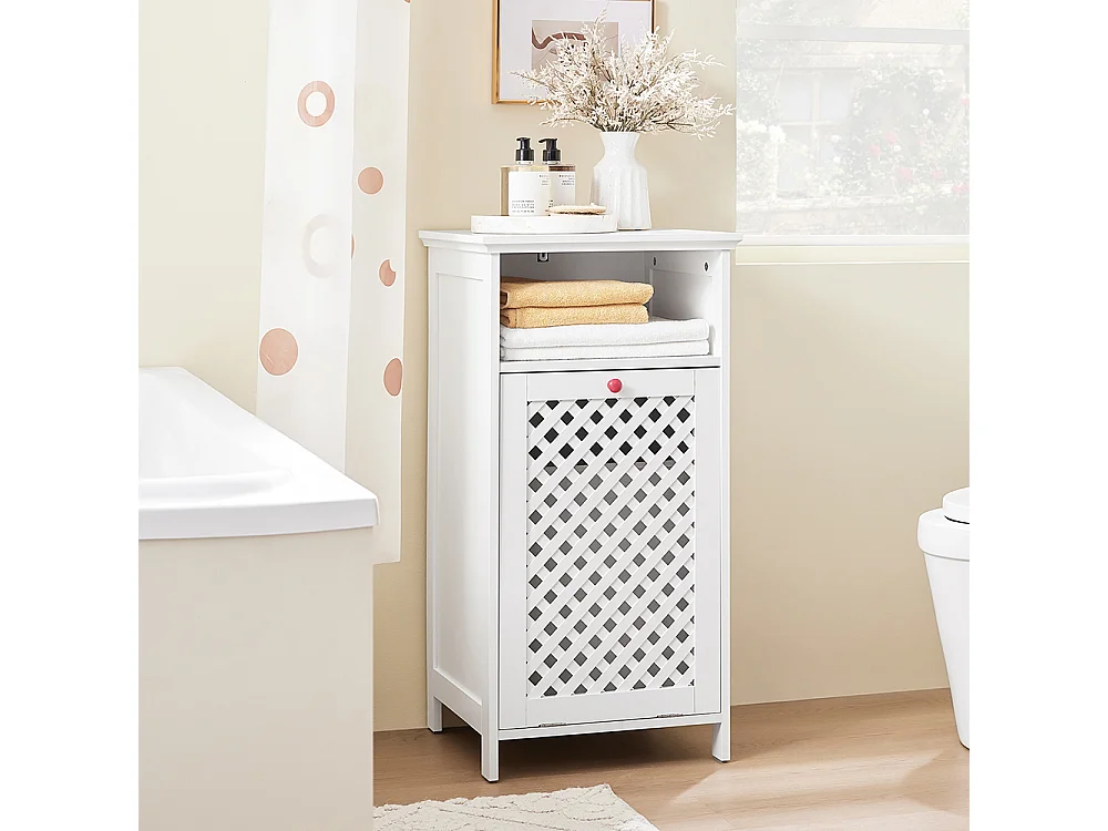 SoBuy Meuble de Salle de Bain avec Panier à Linge, Niche Ouverte et Portes Ajourées Rouges
