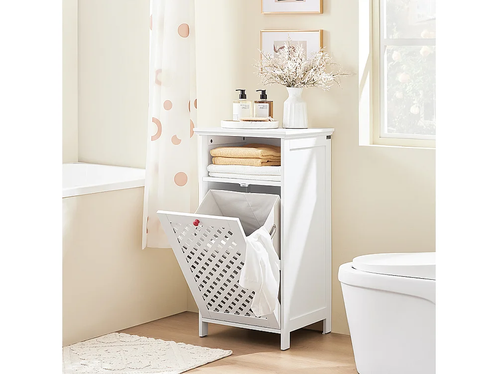 SoBuy Meuble de Salle de Bain avec Panier à Linge, Niche Ouverte et Portes Ajourées Rouges