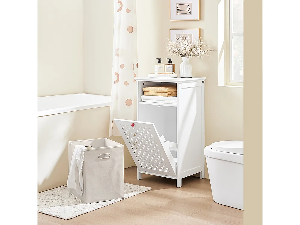 SoBuy Meuble de Salle de Bain avec Panier à Linge, Niche Ouverte et Portes Ajourées Rouges