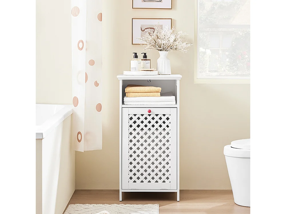 SoBuy Meuble de Salle de Bain avec Panier à Linge, Niche Ouverte et Portes Ajourées Rouges