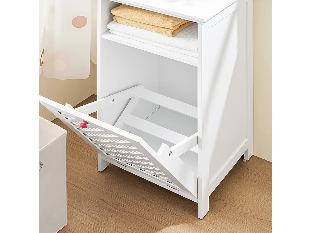 SoBuy Meuble de Salle de Bain avec Panier à Linge, Niche Ouverte et Portes Ajourées Rouges