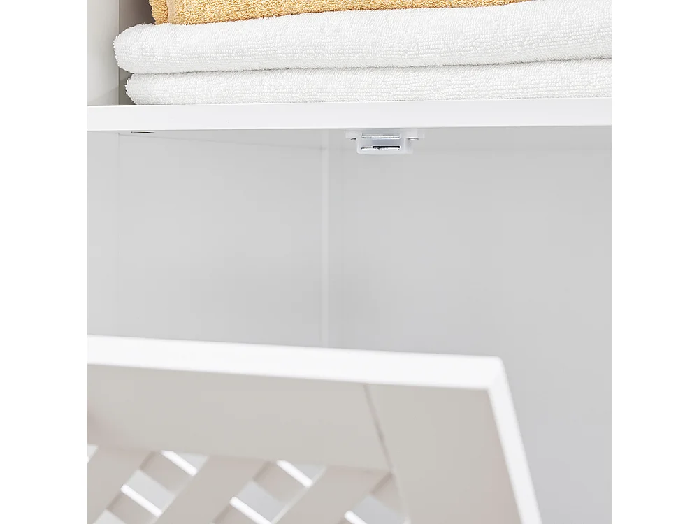 SoBuy Meuble de Salle de Bain avec Panier à Linge, Niche Ouverte et Portes Ajourées Rouges