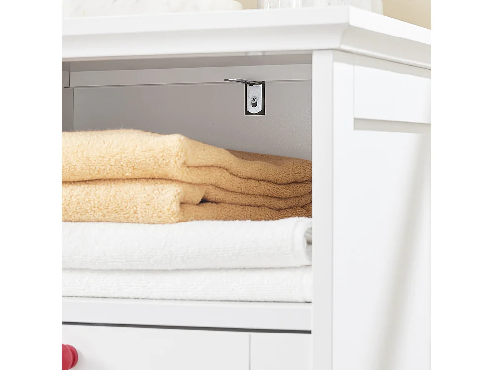 SoBuy Meuble de Salle de Bain avec Panier à Linge, Niche Ouverte et Portes Ajourées Rouges