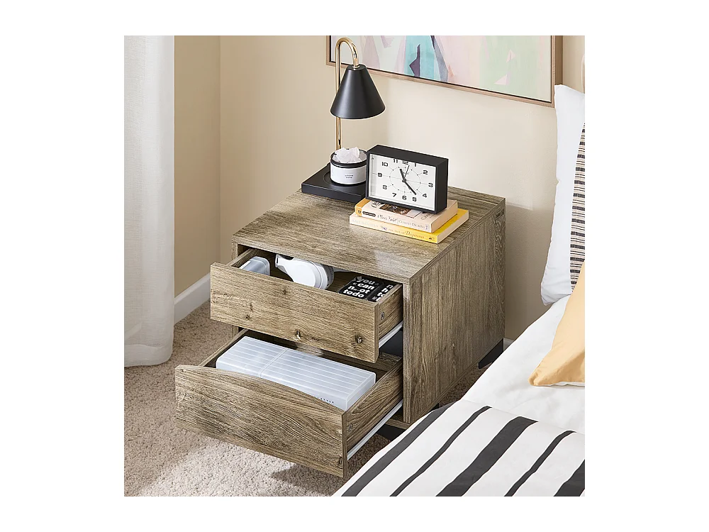 SoBuy Nachttisch mit 2 Schubladen, geschwungener Front in Holzoptik, Metallfüßen und Natur