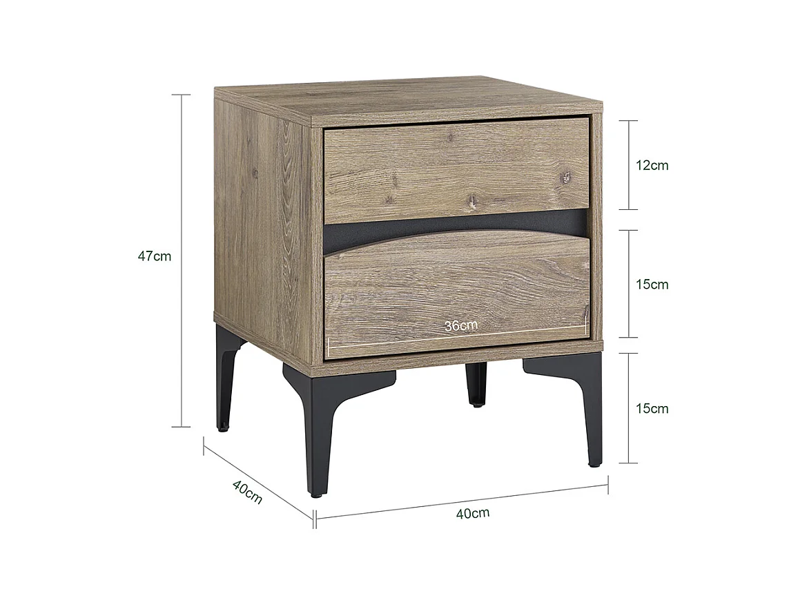 SoBuy Nachttisch mit 2 Schubladen, geschwungener Front in Holzoptik, Metallfüßen und Natur