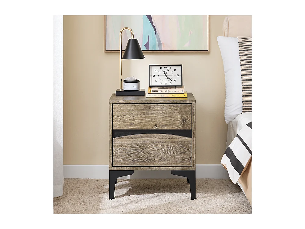 SoBuy Nachttisch mit 2 Schubladen, geschwungener Front in Holzoptik, Metallfüßen und Natur