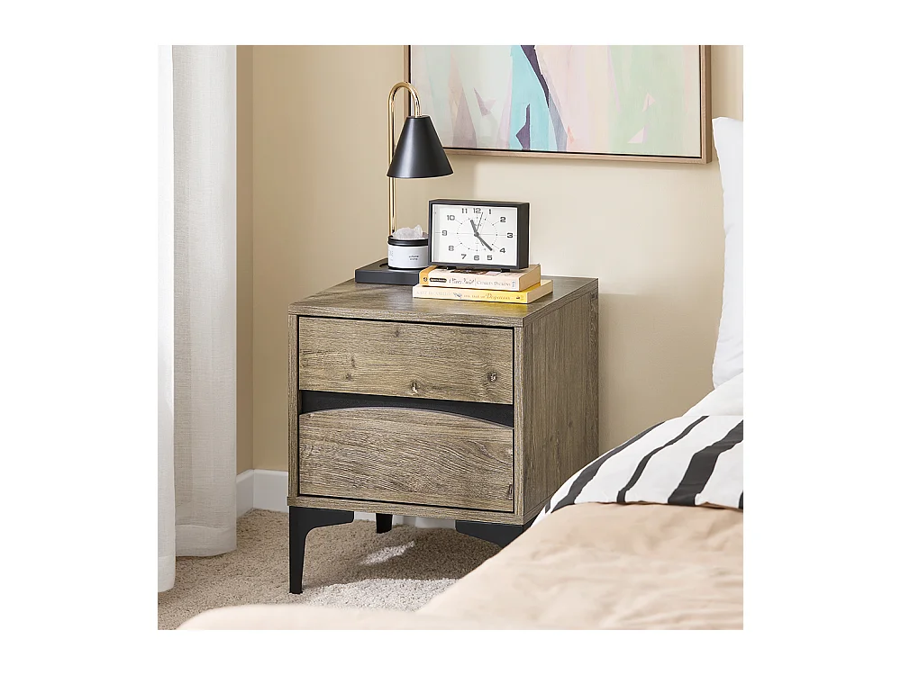 SoBuy Nachttisch mit 2 Schubladen, geschwungener Front in Holzoptik, Metallfüßen und Natur