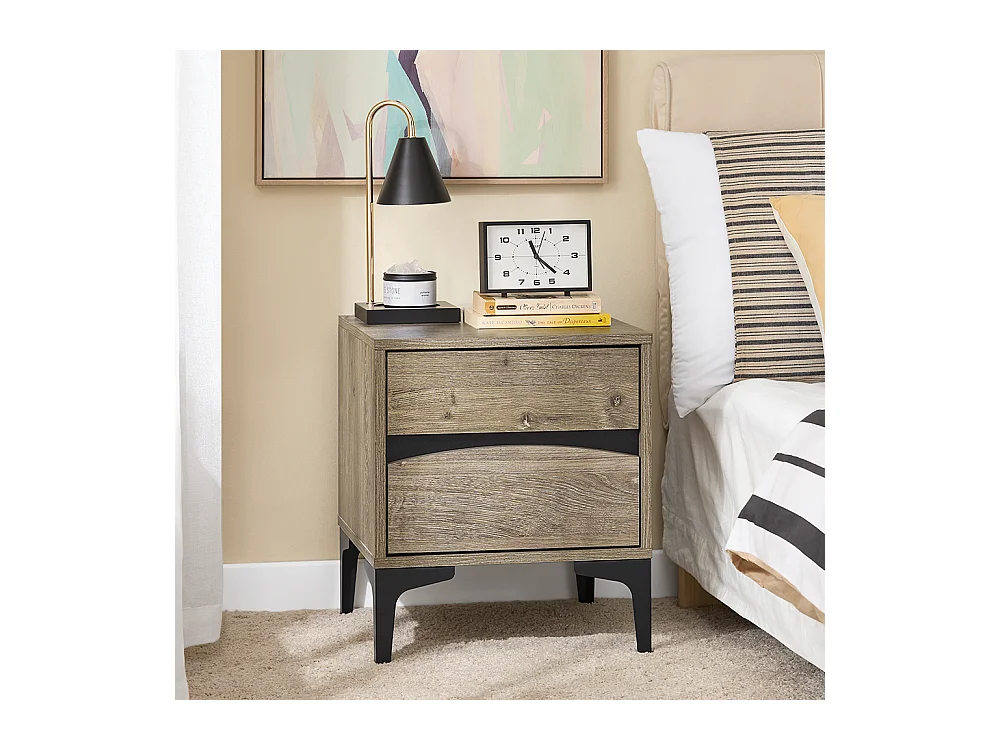 SoBuy Nachttisch mit 2 Schubladen, geschwungener Front in Holzoptik, Metallfüßen und Natur