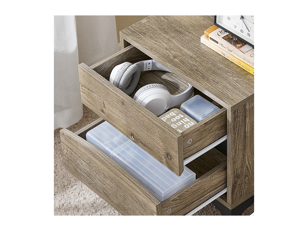 SoBuy Nachttisch mit 2 Schubladen, geschwungener Front in Holzoptik, Metallfüßen und Natur