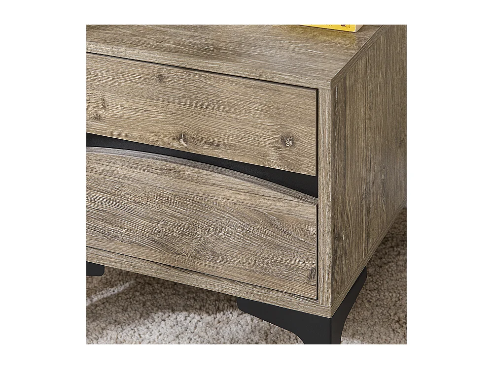 SoBuy Nachttisch mit 2 Schubladen, geschwungener Front in Holzoptik, Metallfüßen und Natur