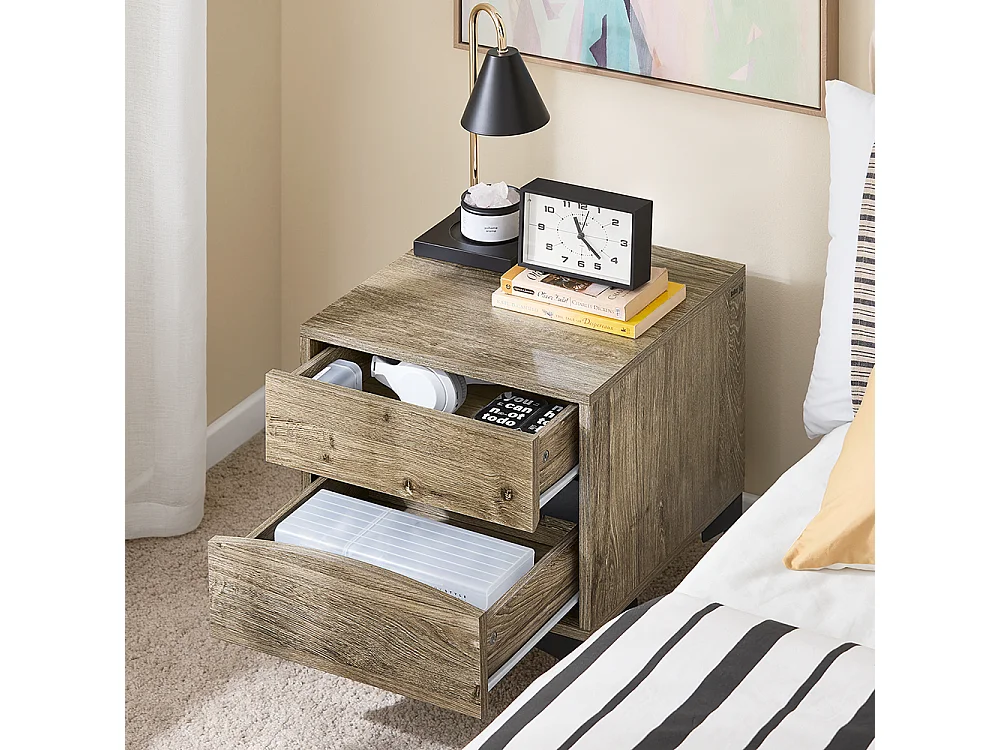 SoBuy Mesa de Cabeceira Moderna com 2 Gavetas de Frente Curva, Efeito Madeira e Pernas de Metal Natural