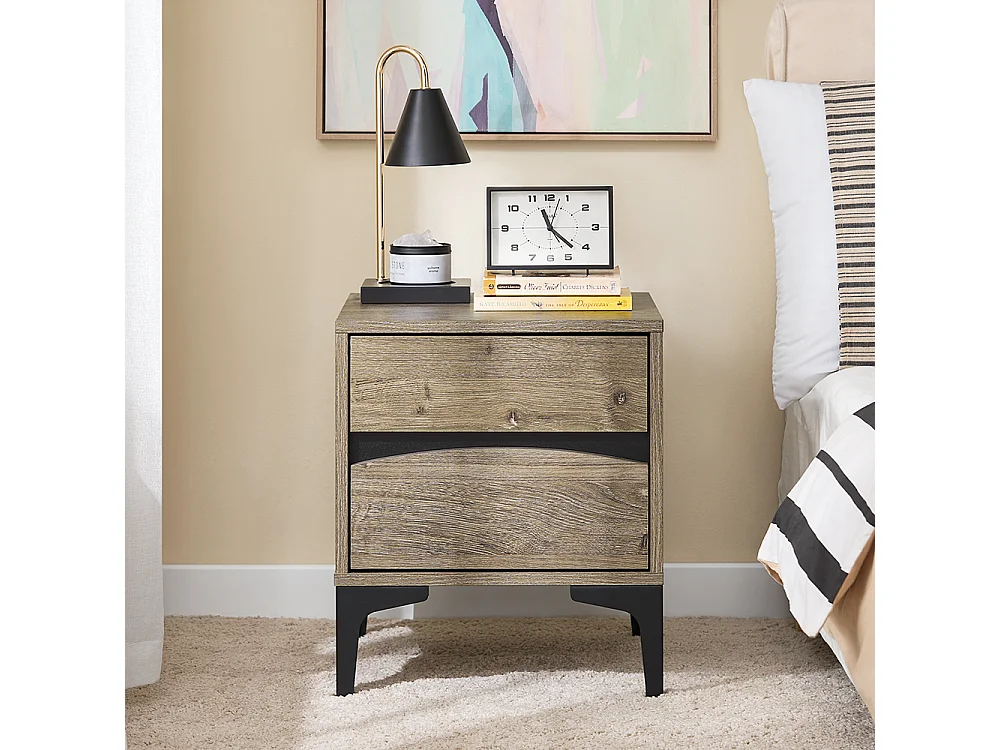 SoBuy Mesa de Cabeceira Moderna com 2 Gavetas de Frente Curva, Efeito Madeira e Pernas de Metal Natural