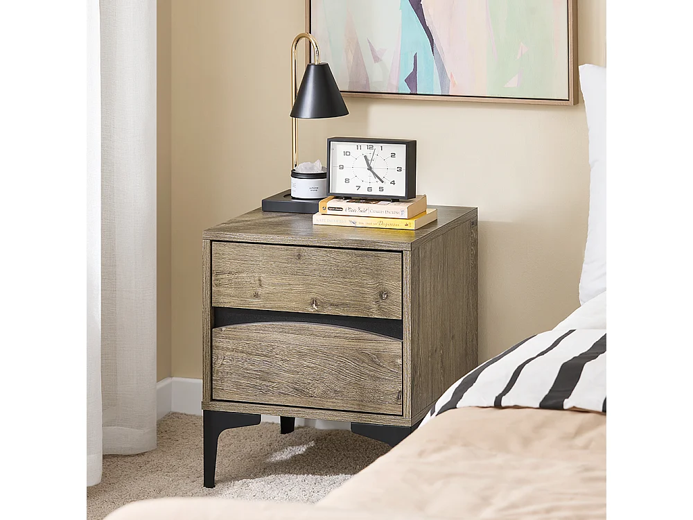 SoBuy Mesa de Cabeceira Moderna com 2 Gavetas de Frente Curva, Efeito Madeira e Pernas de Metal Natural