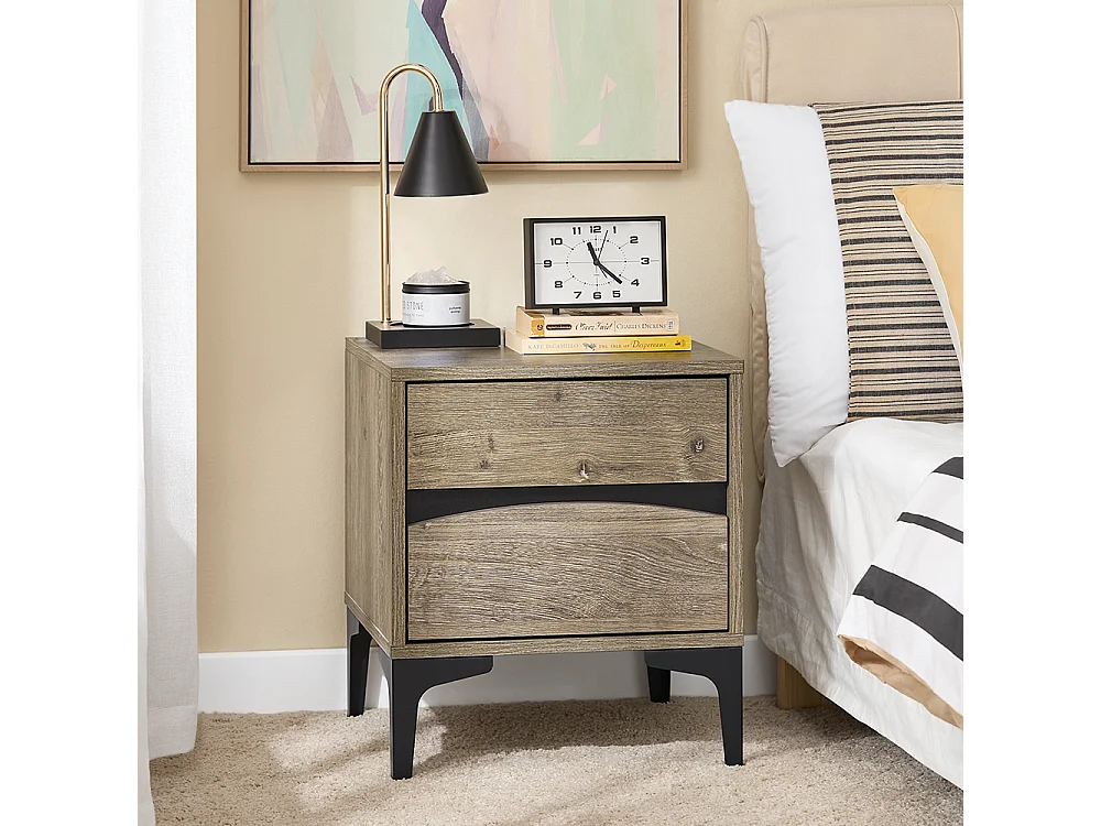 SoBuy Mesa de Cabeceira Moderna com 2 Gavetas de Frente Curva, Efeito Madeira e Pernas de Metal Natural