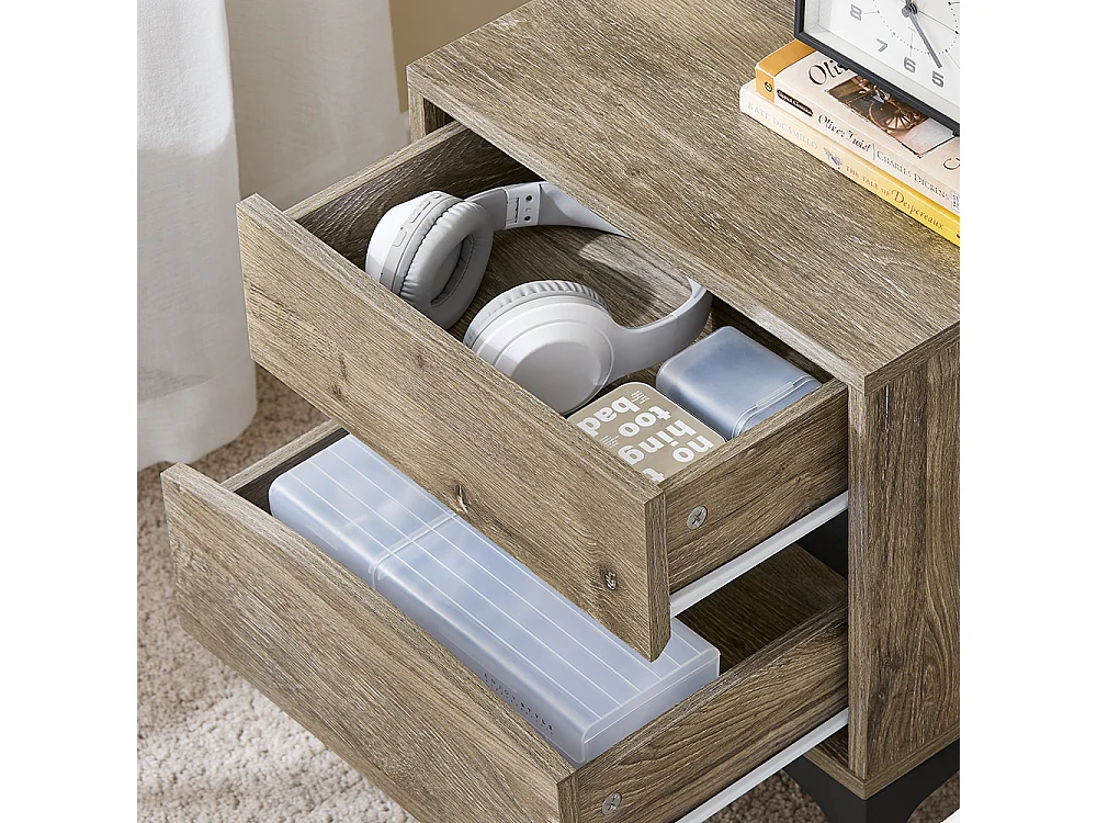 SoBuy Mesa de Cabeceira Moderna com 2 Gavetas de Frente Curva, Efeito Madeira e Pernas de Metal Natural