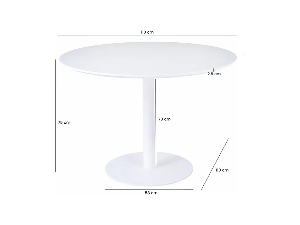 Table de repas ronde 110 cm blanche et pied métal blanc – VALERIA