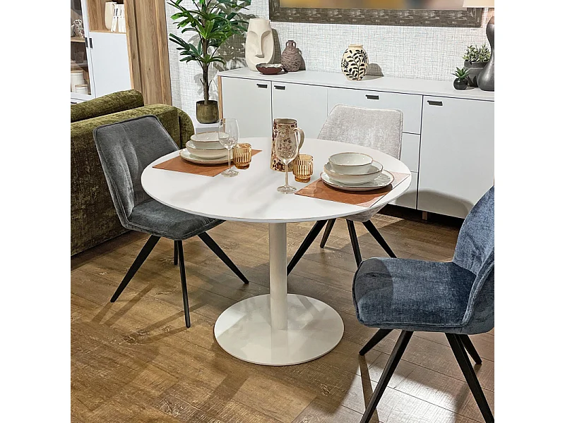 Table de repas ronde 110 cm blanche et pied métal blanc – VALERIA