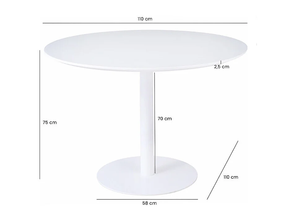 Table de repas ronde 110 cm blanche et pied métal blanc – VALERIA